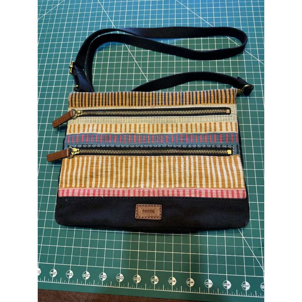 Fossil Striped Crossbody Bag With Multi-Zipper Compartments & Adjustable Strap